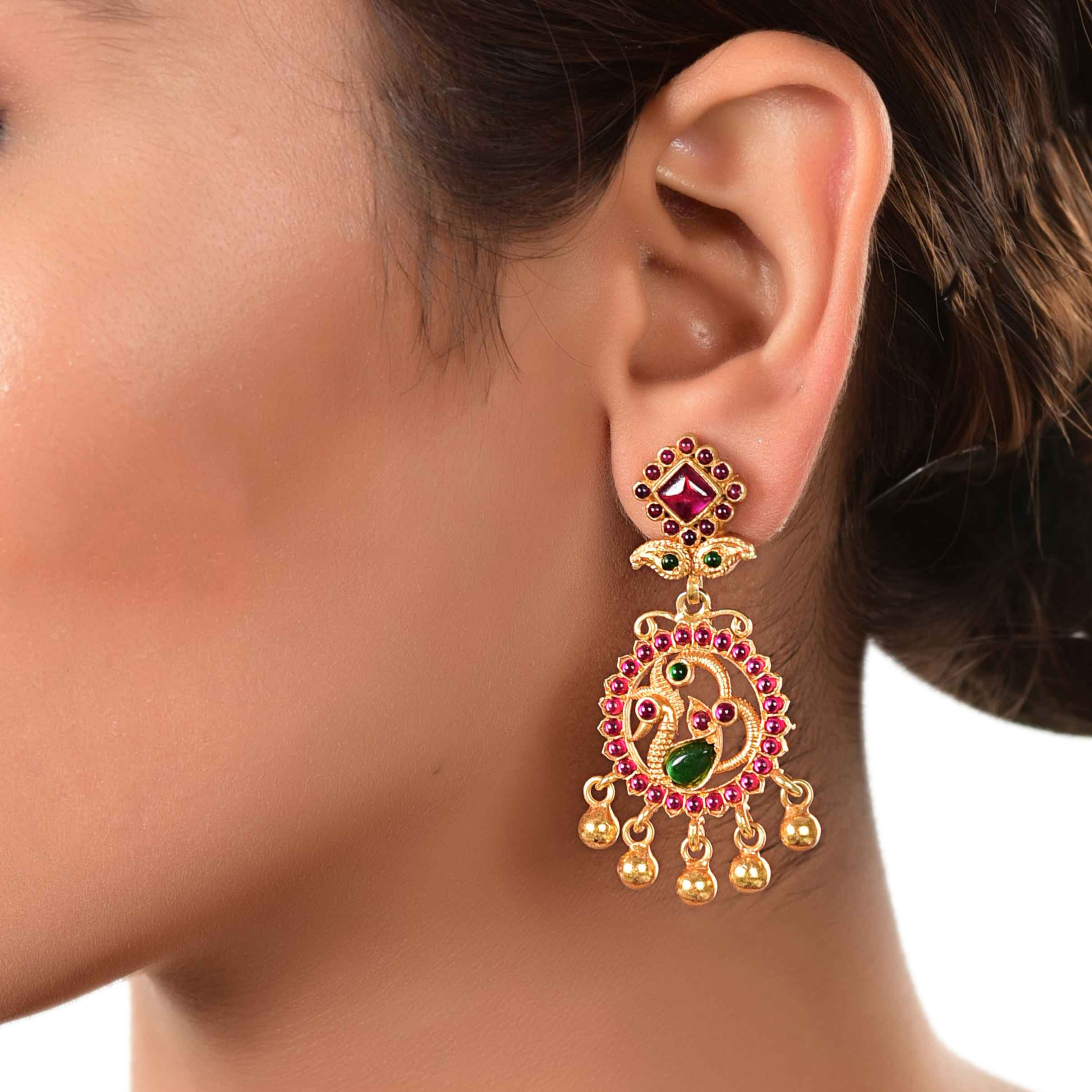 Gold plated silver jhumka with red stone :SKU6013